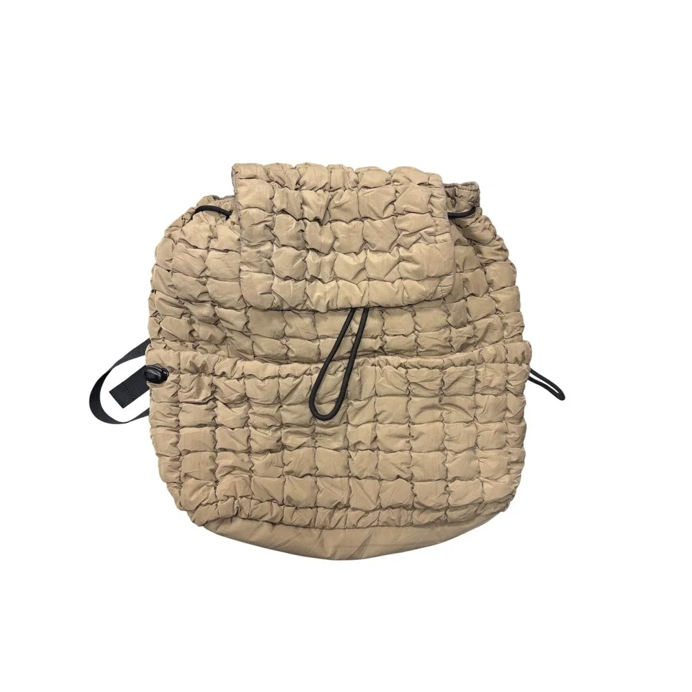 Ododos Backpack OS Quilted Puffer Drawstring Flap Tan Khaki Textured Bag